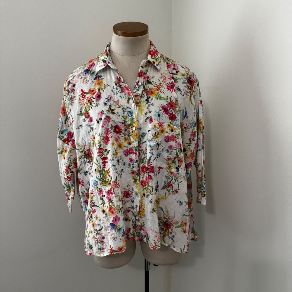 Zara Basic Medium Floral Oversized Boxy Button Down Blouse Top Garden Coquette
